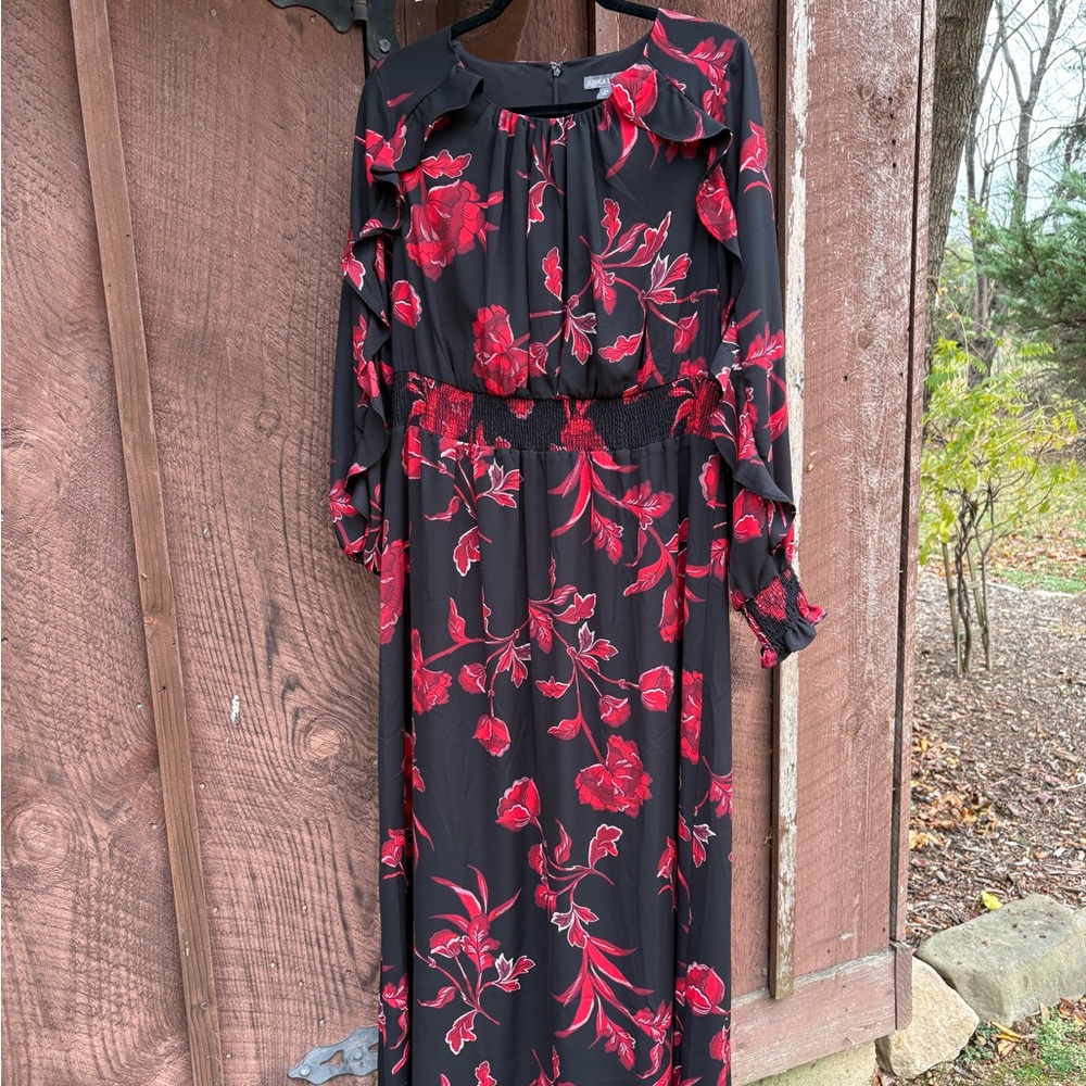 Jessica London Black and Red Floral Long Sleeve Maxi Dress